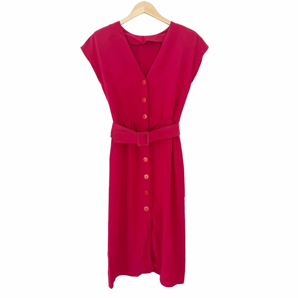 Vintage Pink V Neck Cap Sleeve Button Front Belted Dress Sz M